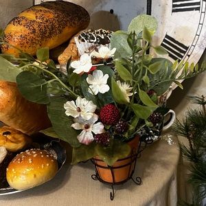 Faux Raspberry Potted Plant in Terra Cotta Pot with Decorative Wire Basket NWOT